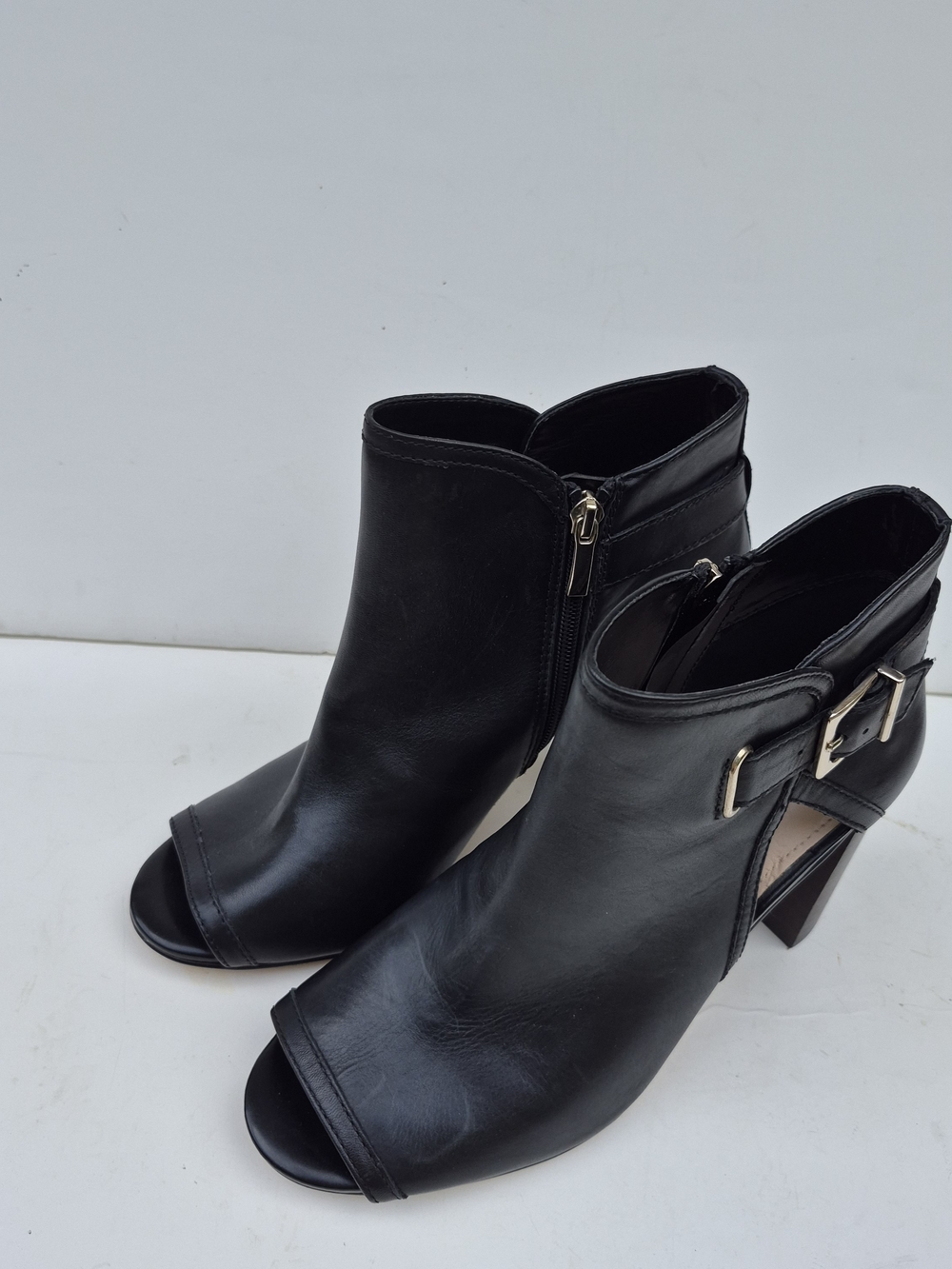 NEW Essex Lane Black Leather Peep-Toe Ankle Heeled Boots with Buckle